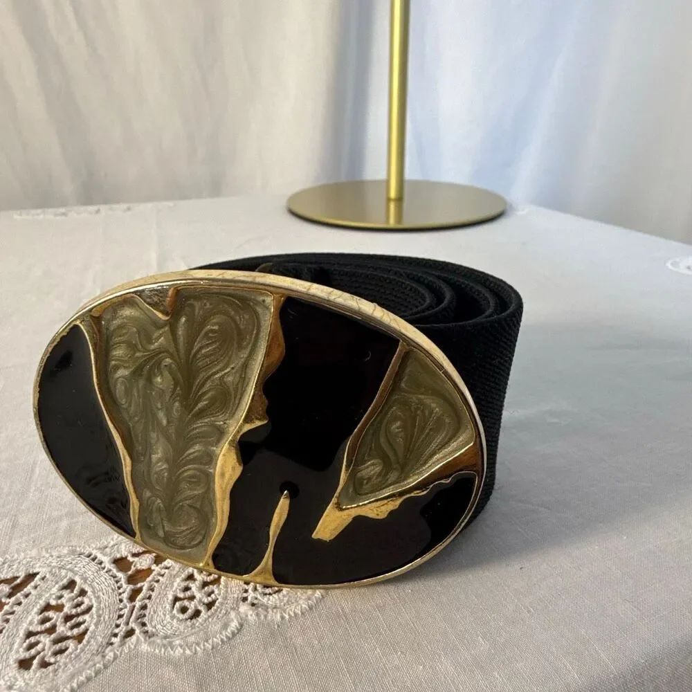 Vintage Nan Lewis Black & Gold Sculptural Enamel Buckle Belt | 1980s Modernist S